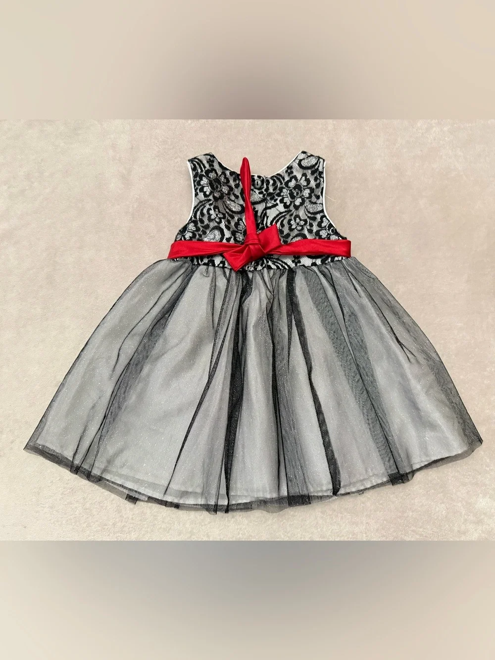 Youngland Toddler Girl Party Dress Black Metallic Lace Shimmer Tulle Red Sash 2T